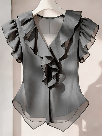 Damen Rüschenbluse mit V-Ausschnitt und Volantärmeln – Eleganter Stil für Büro und besondere Anlässe