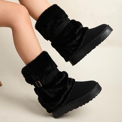 Damen Winterstiefel mit Kunstfell und Schnalle, gefüttert, in Beige, Braun und Schwarz