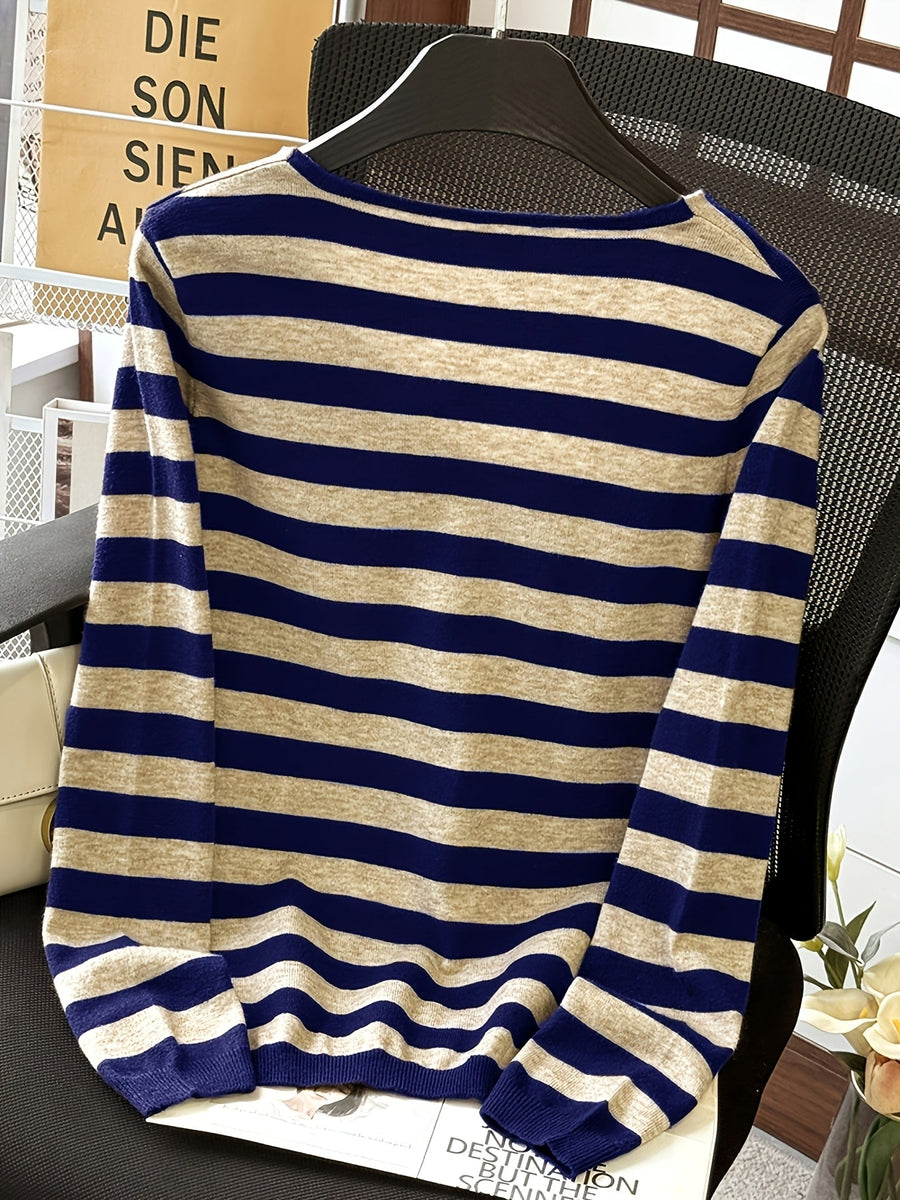 Damen Pullover Gestreift V-Ausschnitt Langarm Strick