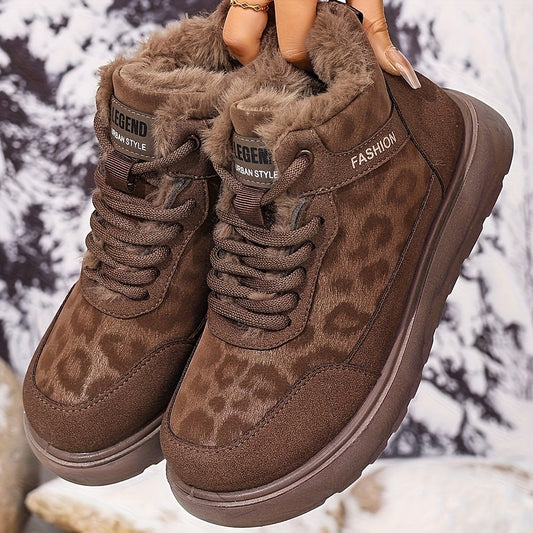 Damen Winter Stiefelette gefüttert mit Leopardenmuster, Schnürung und dicker Sohle