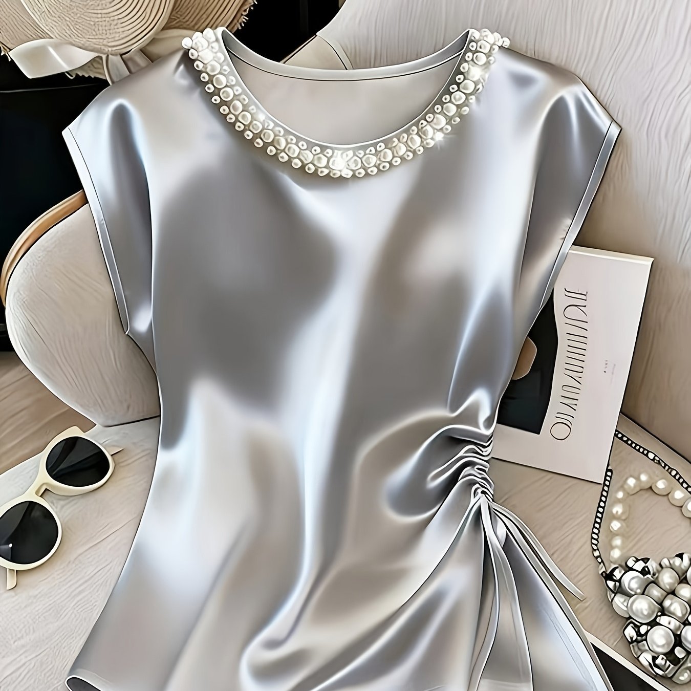 Damen Elegante Satinbluse mit Perlenkragen und Raffdetails – Stilvolle Kurzarm-Bluse für festliche Anlässe