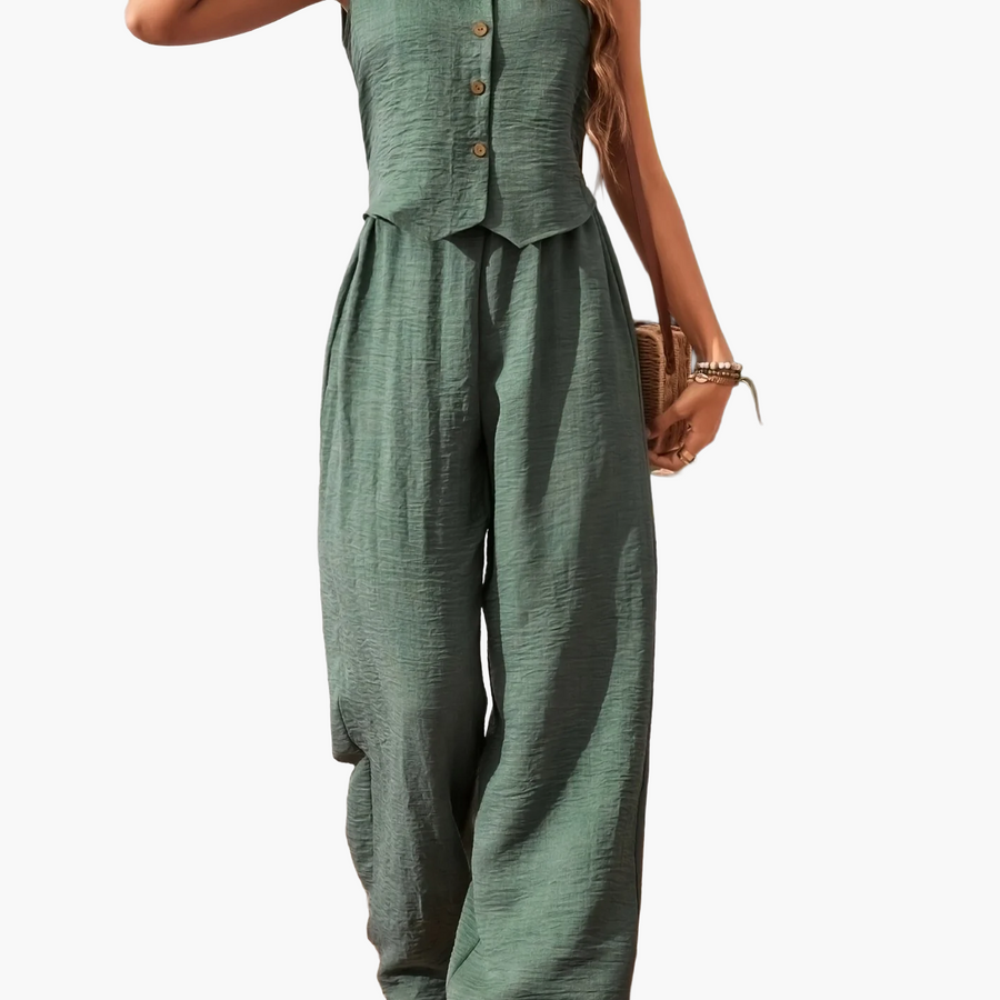 Damen Eleganter Zweiteiler Jumpsuit mit Weste und Weiten Hosen – Freizeit & Sommer Outfit