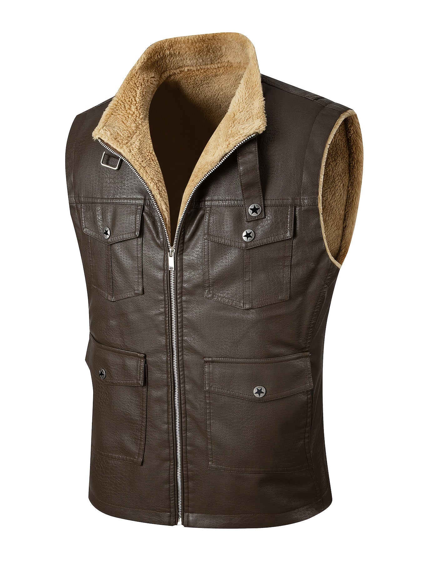 Herren Weste im Lederlook mit Teddyfutter und Reißverschluss, Multi-Taschen Design