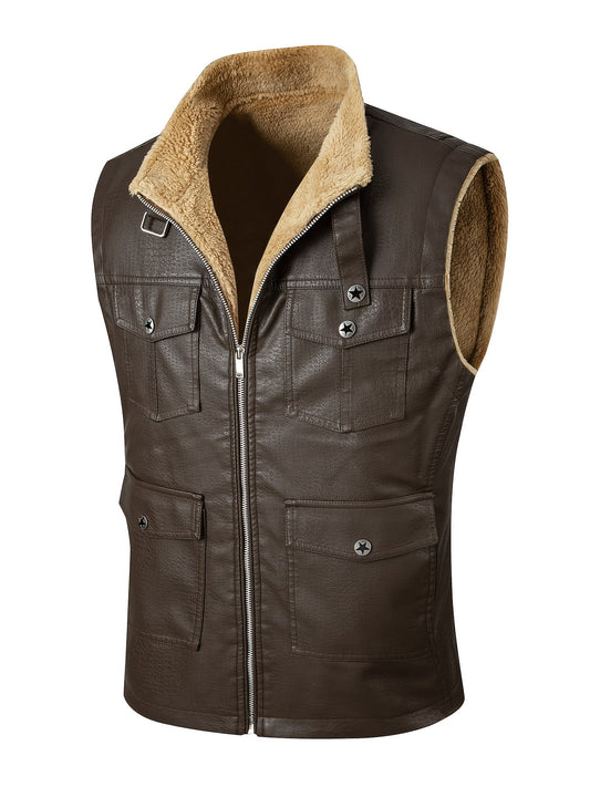 Herren Weste im Lederlook mit Teddyfutter und Reißverschluss, Multi-Taschen Design