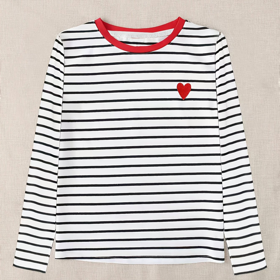 Langarmshirt Damen gestreift mit rotem Herz-Patch Schwarz Weiß
