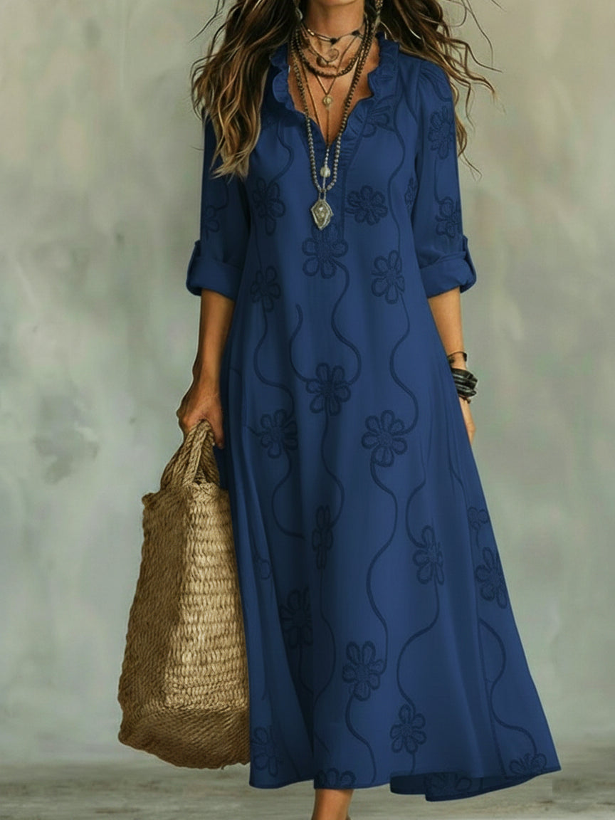 Damen Maxikleid mit Blumenmuster, gerafftem Kragen und Rollärmeln