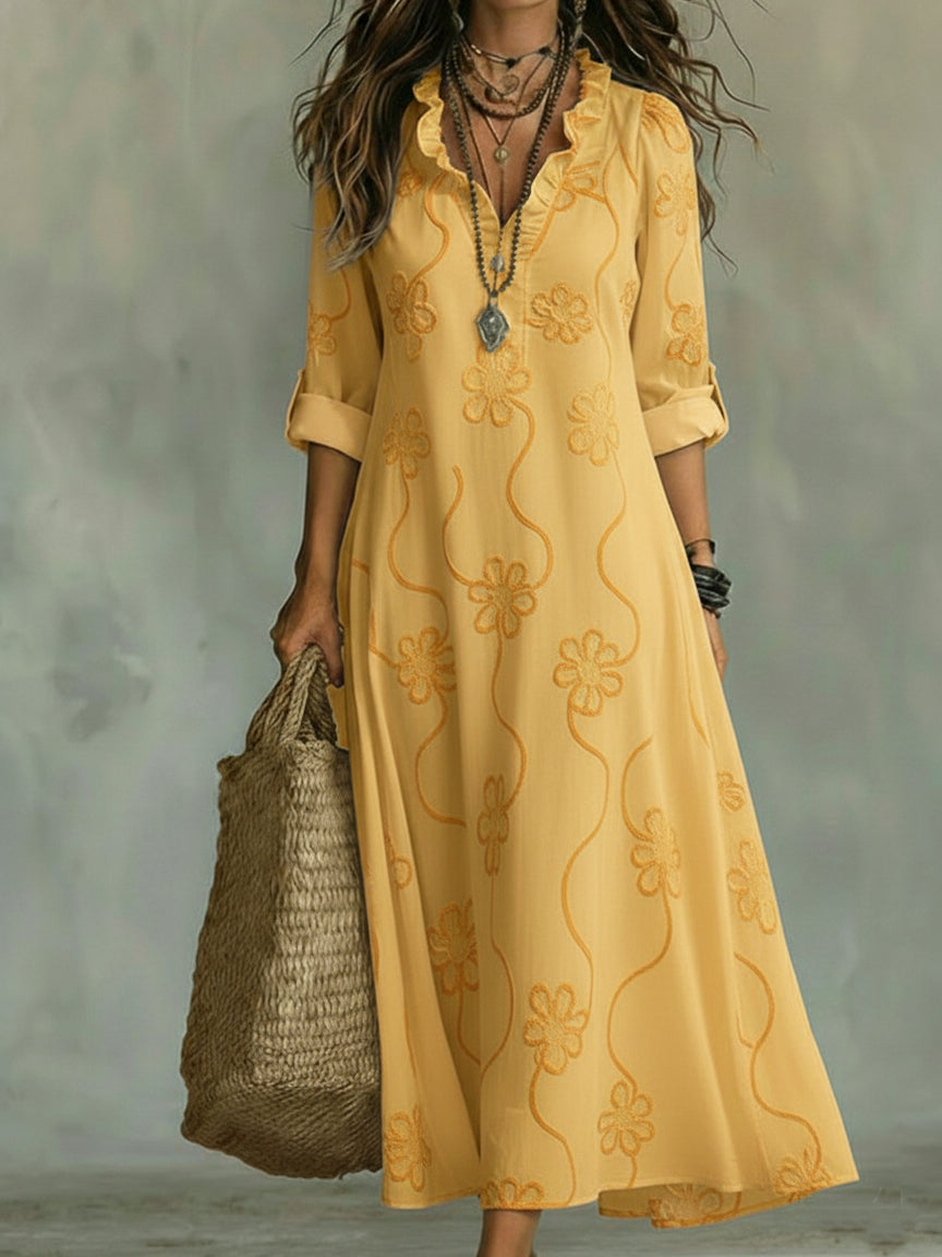 Damen Maxikleid mit Blumenmuster, gerafftem Kragen und Rollärmeln