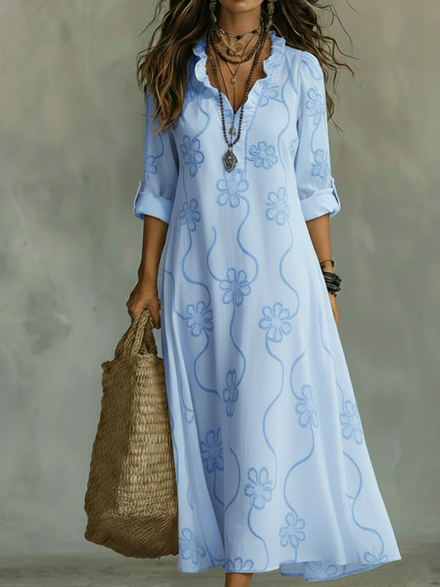 Damen Maxikleid mit Blumenmuster, gerafftem Kragen und Rollärmeln
