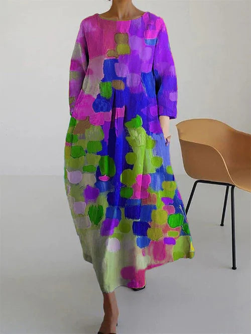 Damen Maxikleid Mehrfarbig Rundhals Langarm mit abstrakten Farbmustern