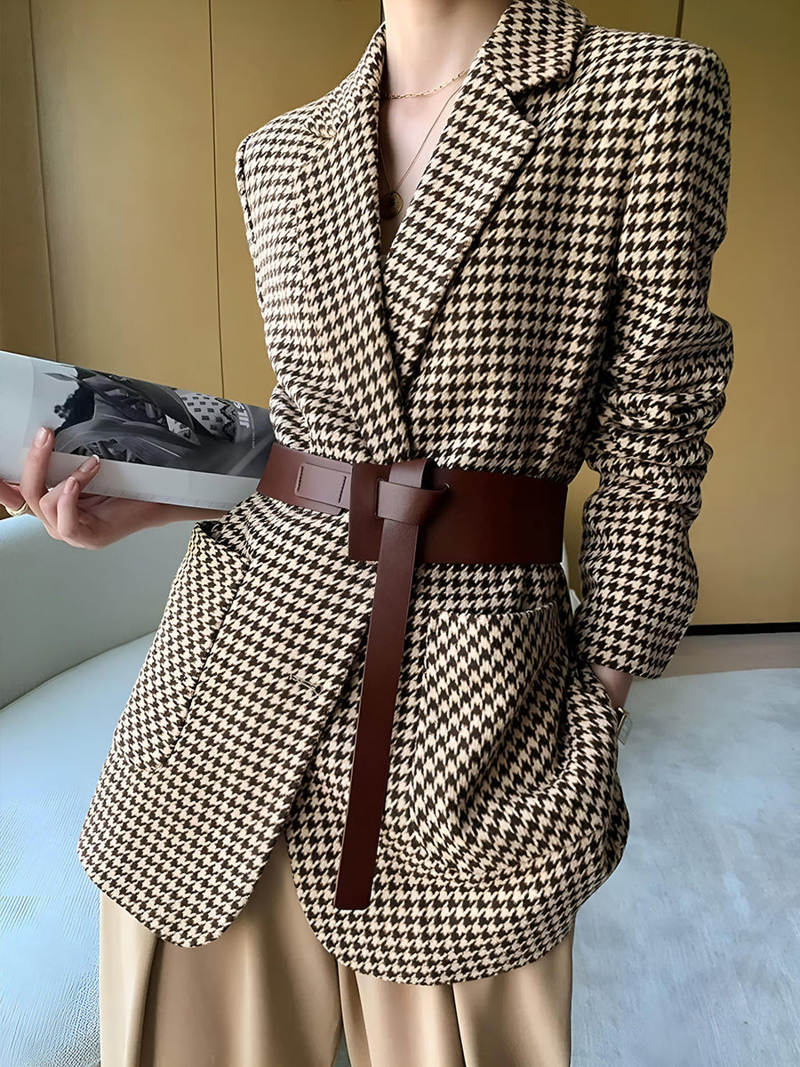 Damen Hahnentritt Blazer Oversize mit Gürtel Braun Schwarz gemustert