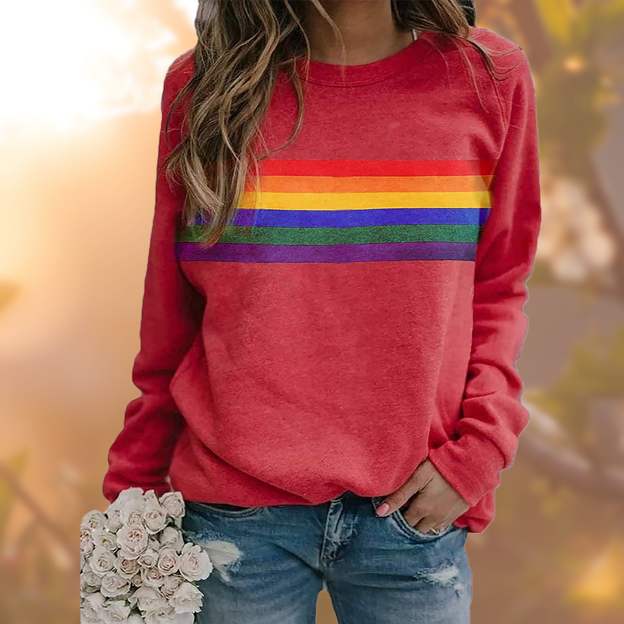 Dames sweatshirt met regenboogstrepen, ronde hals en lange mouwen