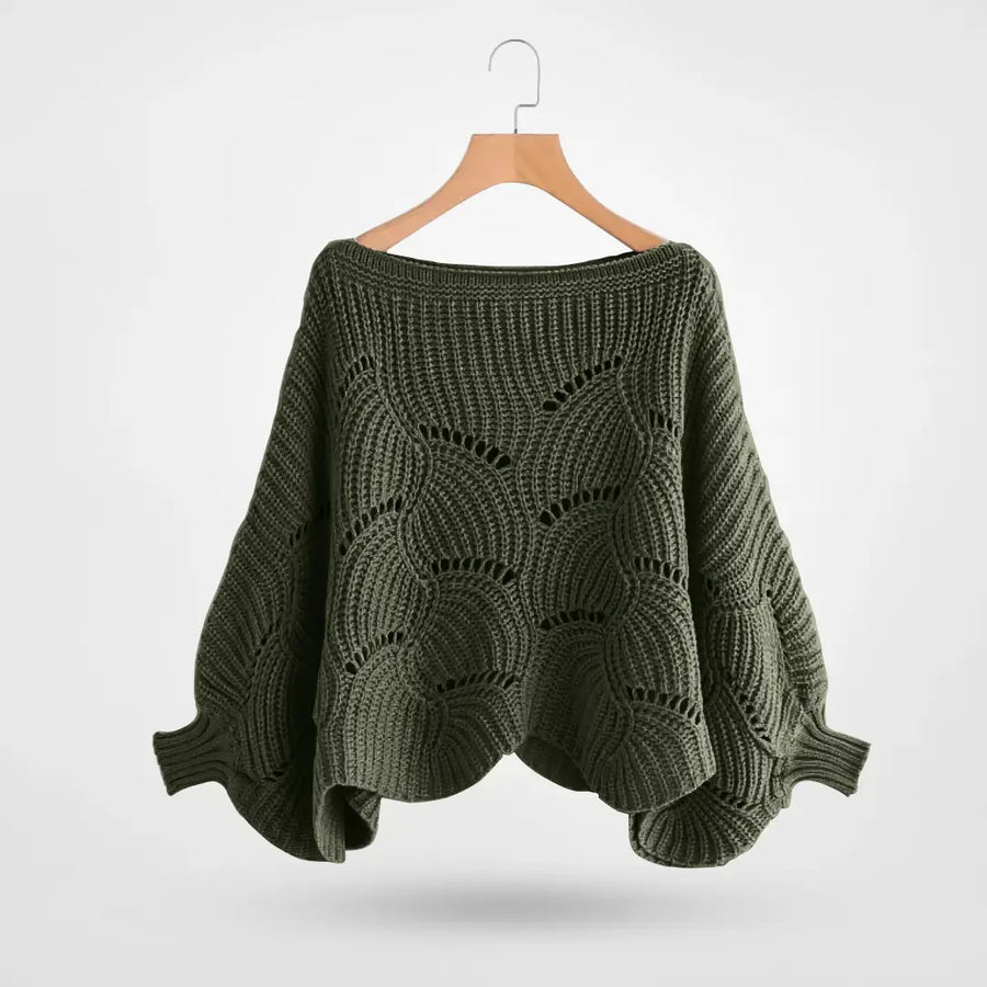 Damen Strickpullover mit Fledermausärmeln und Lochmuster