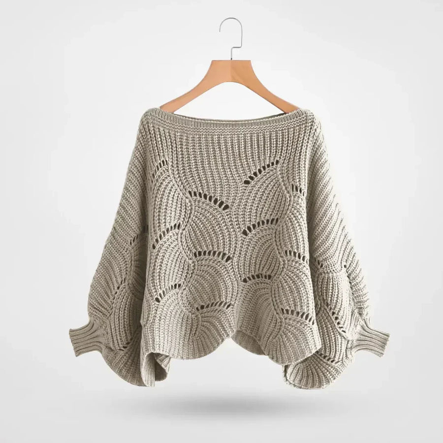 Damen Strickpullover mit Fledermausärmeln und Lochmuster