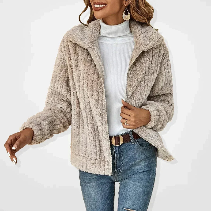 Damen Teddy-Fleece Jacke mit Stehkragen und Reißverschluss