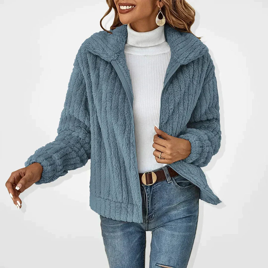 Damen Teddy-Fleece Jacke mit Stehkragen und Reißverschluss