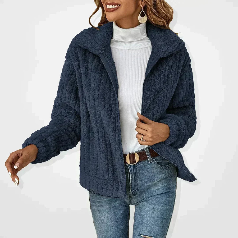Damen Teddy-Fleece Jacke mit Stehkragen und Reißverschluss