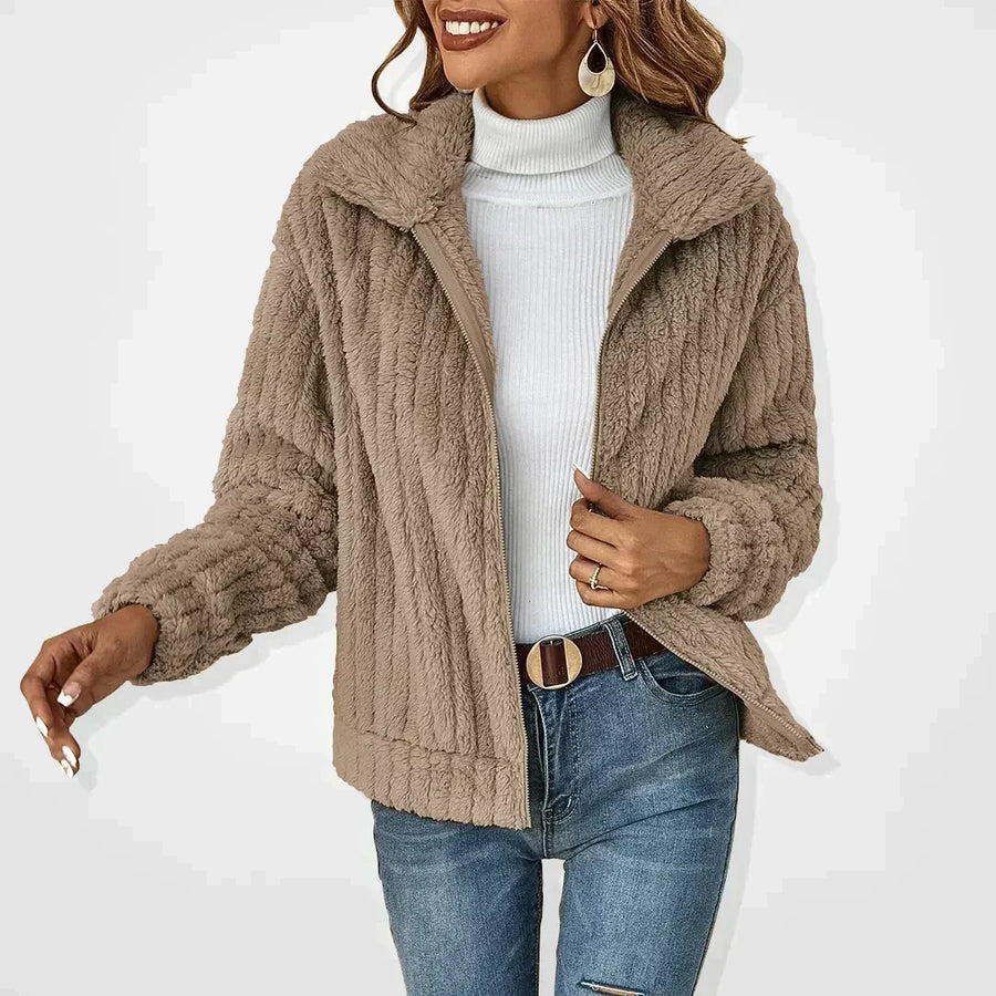 Damen Teddy-Fleece Jacke mit Stehkragen und Reißverschluss