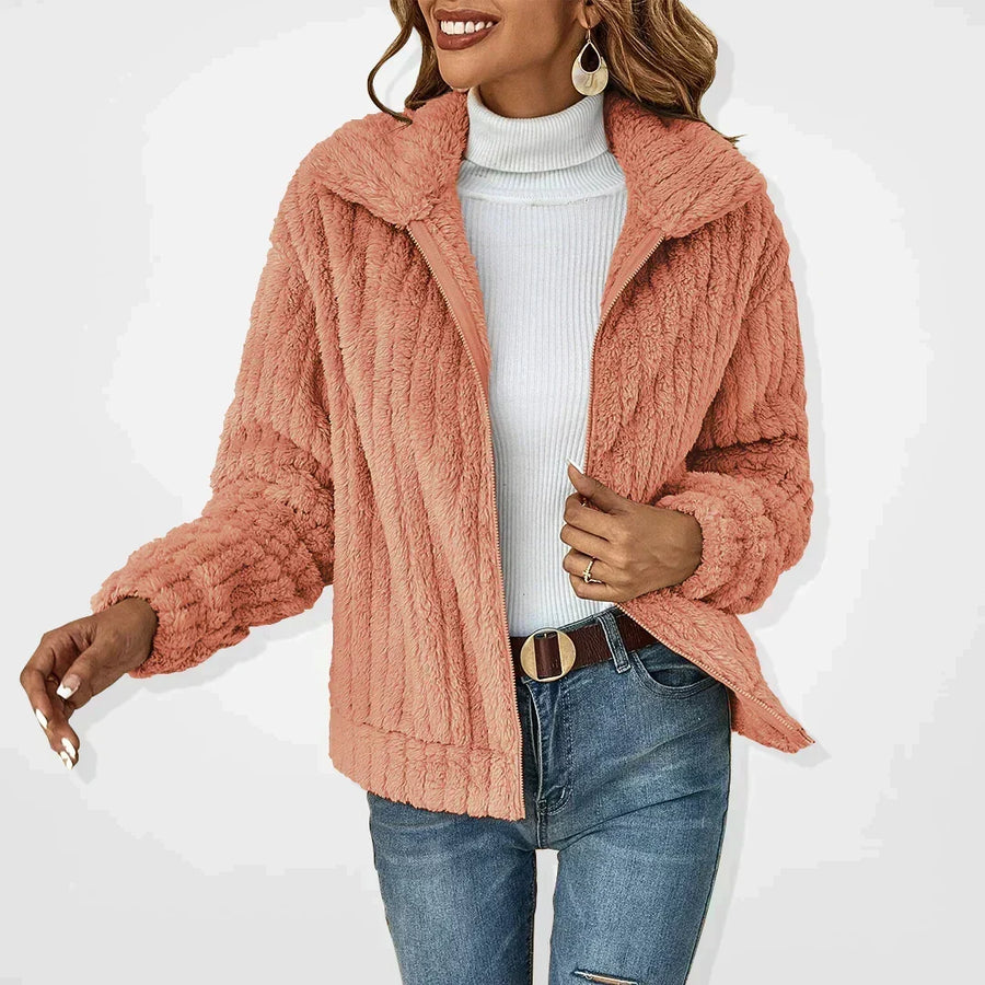 Damen Teddy-Fleece Jacke mit Stehkragen und Reißverschluss