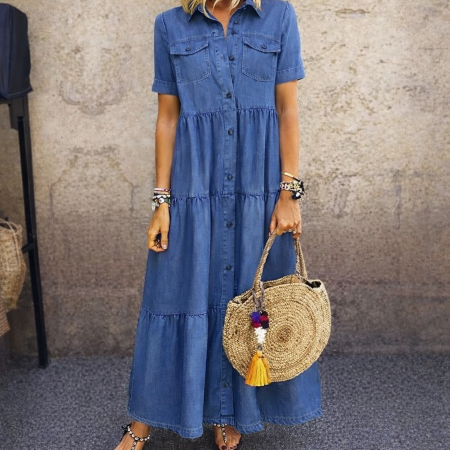 Jeanskleid Damen Maxikleid Hemdblusenkleid Kurzarm Stufenrock