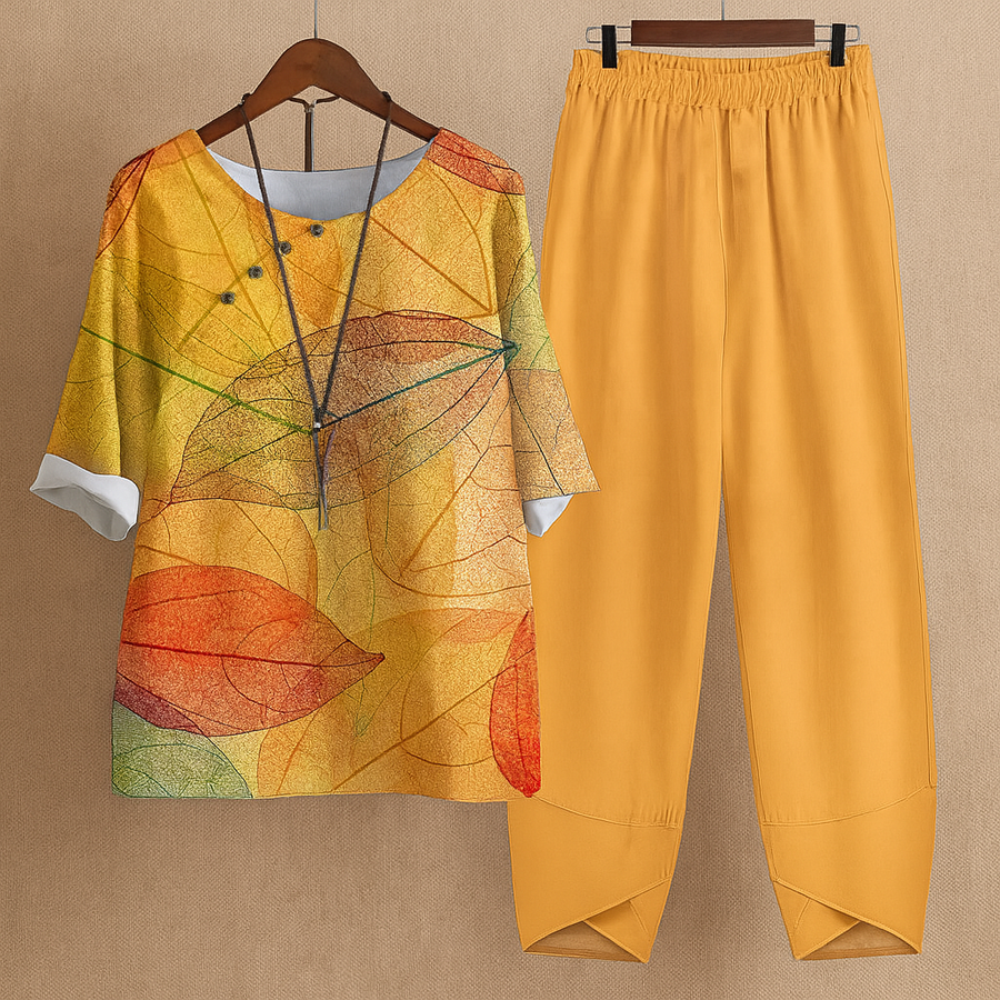 Damen 2-teiliges Set Bluse mit Print & weite Hosen