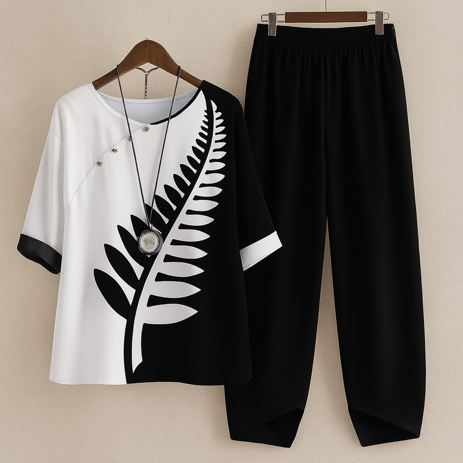 Damen 2-teiliges Set Bluse mit Print & weite Hosen