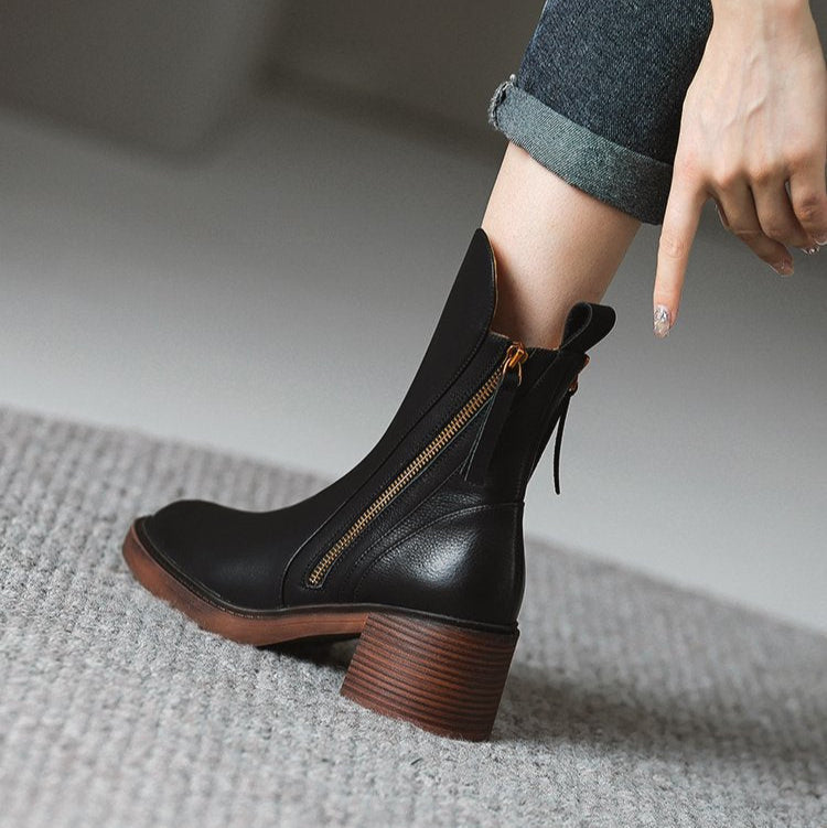 Damen Stiefeletten mit Reißverschluss und Blockabsatz aus weichem Material