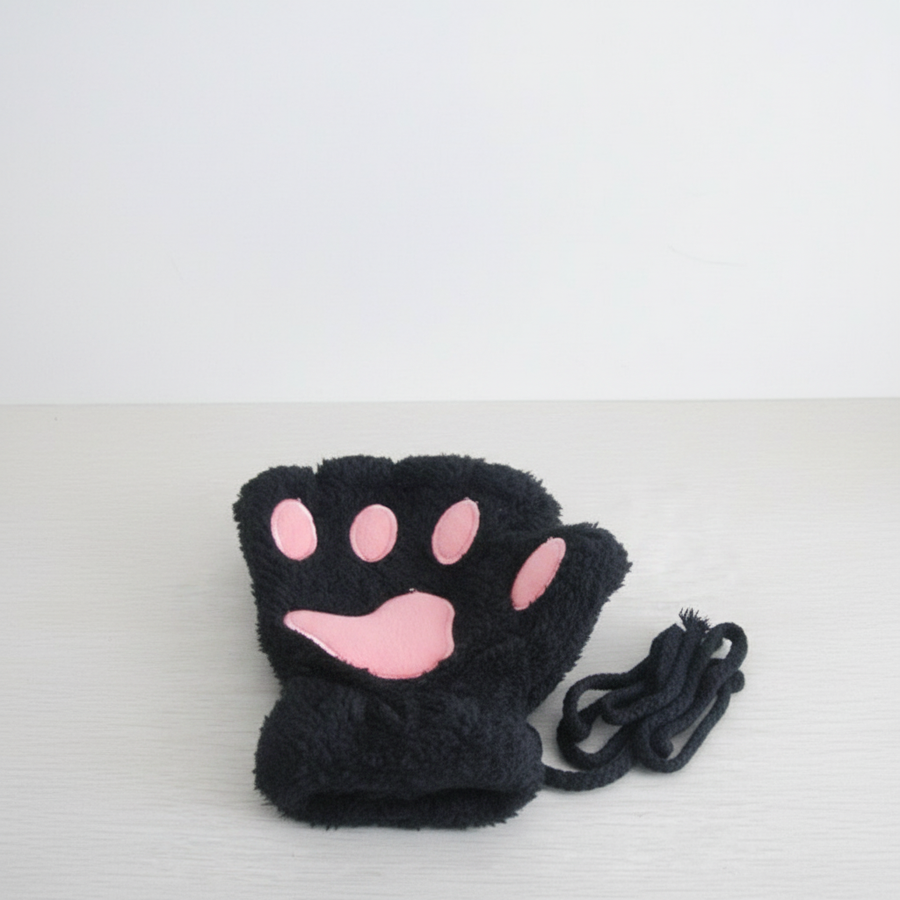 Unisex Flauschige Pfoten-Fäustlinge Fingerlos mit Verbindungsschnur