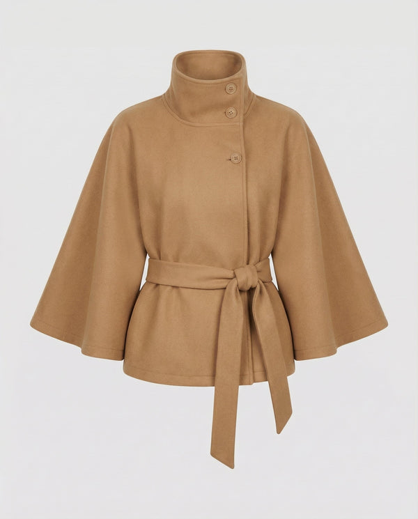 Dames korte jas met ceintuur, opstaande kraag en klokmouwen, camel