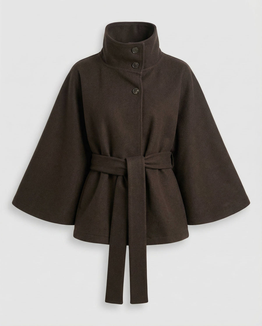 Dames korte jas met ceintuur, opstaande kraag en klokmouwen, camel