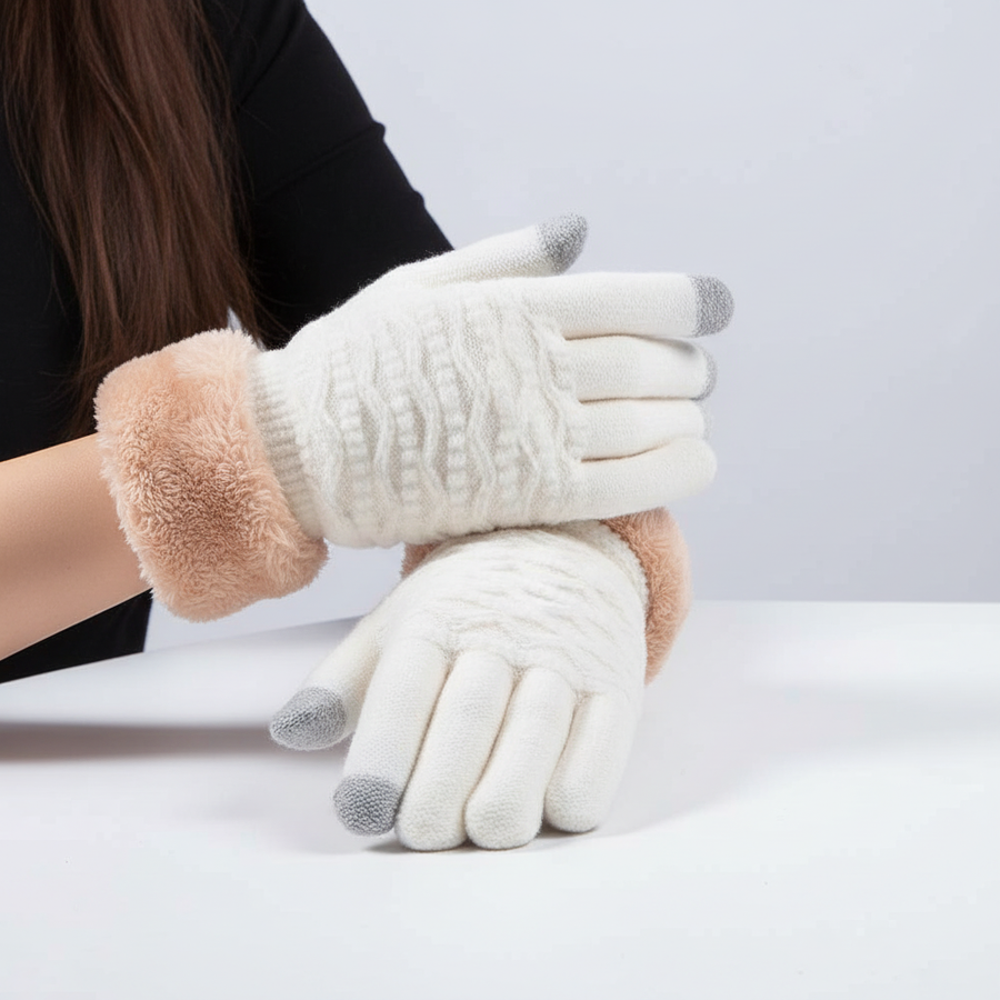 Damen Winter Handschuhe mit Strickmuster & Touchscreen-Funktion, warm gefüttert