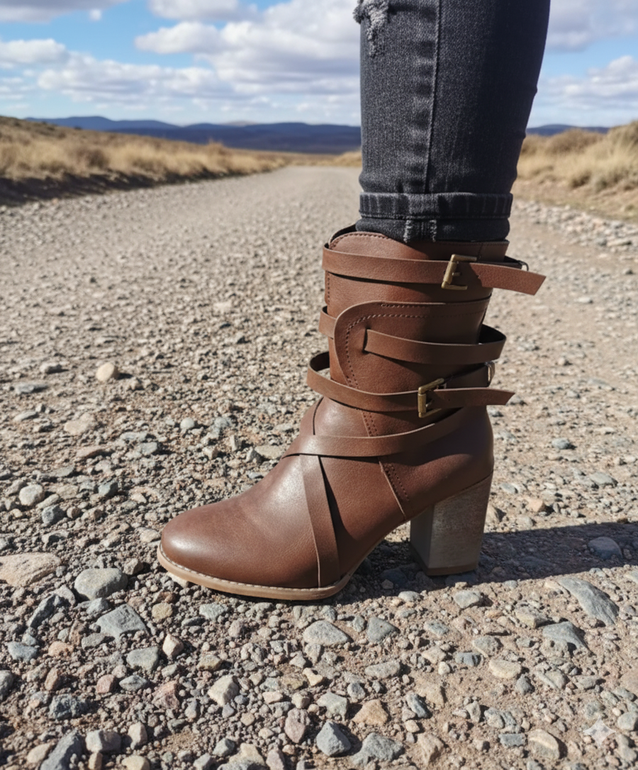 Damen Stiefelette mit Riemen und Blockabsatz