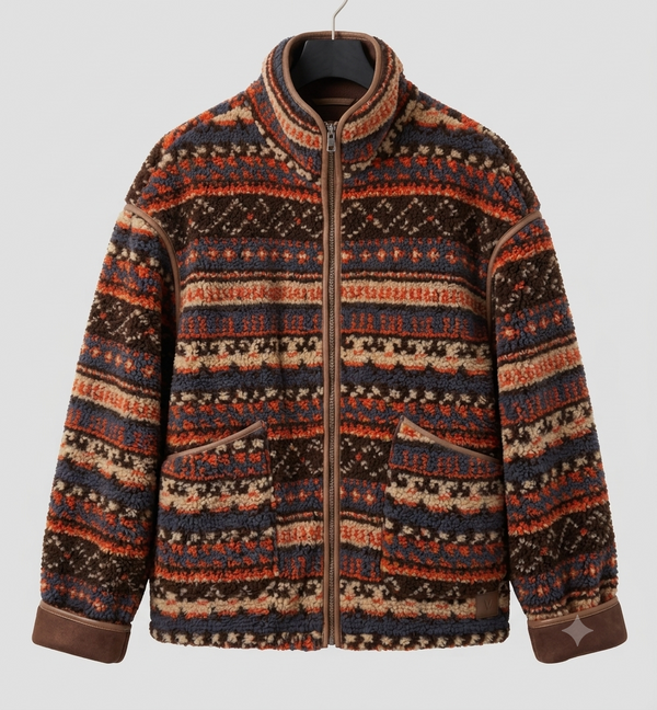 Fleece-Jacke mit Stehkragen und Ethno-Muster in Braun Orange