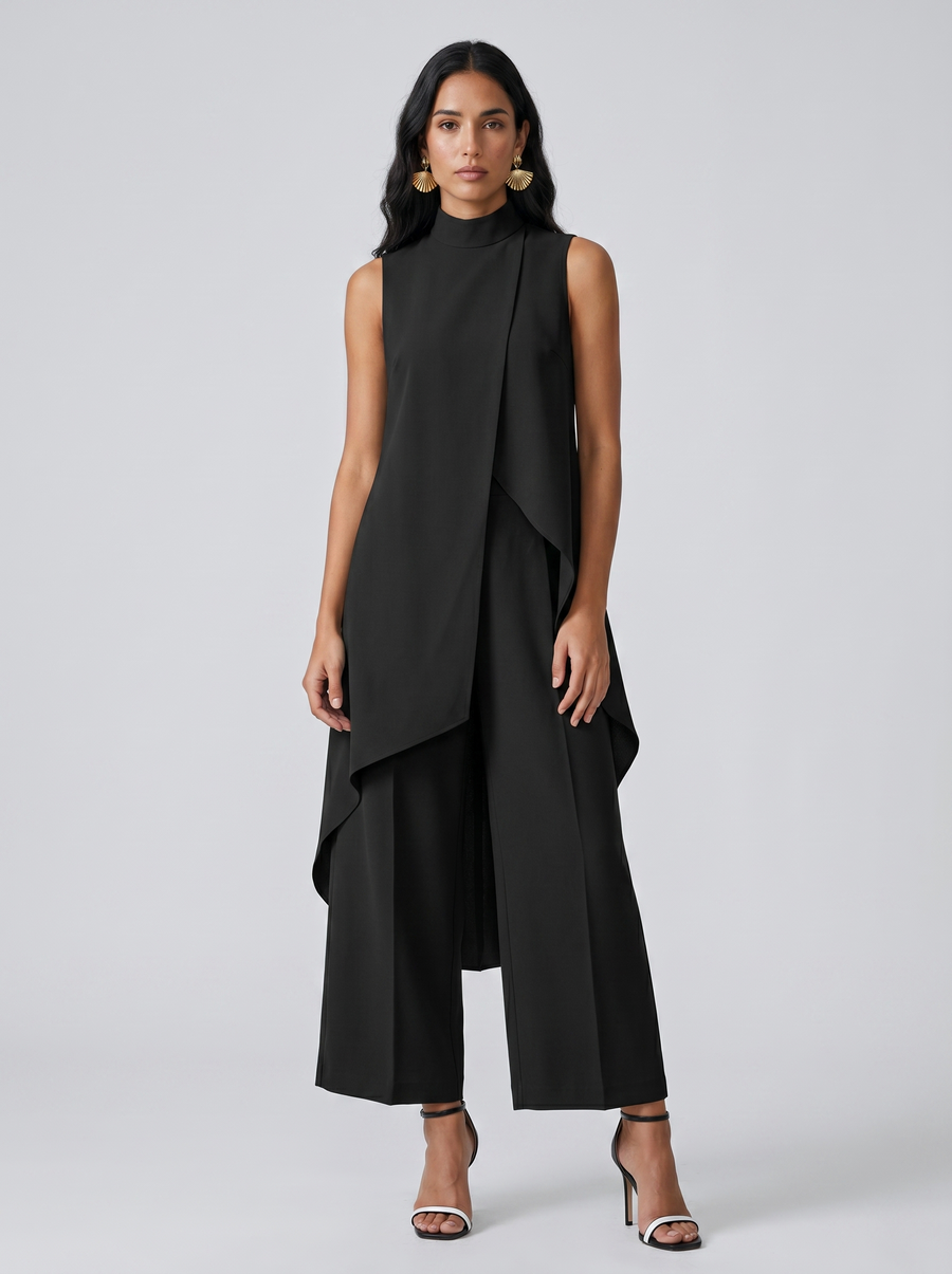 Damen Sleeveless Oberteil mit Stehkragen und weite Hose Set
