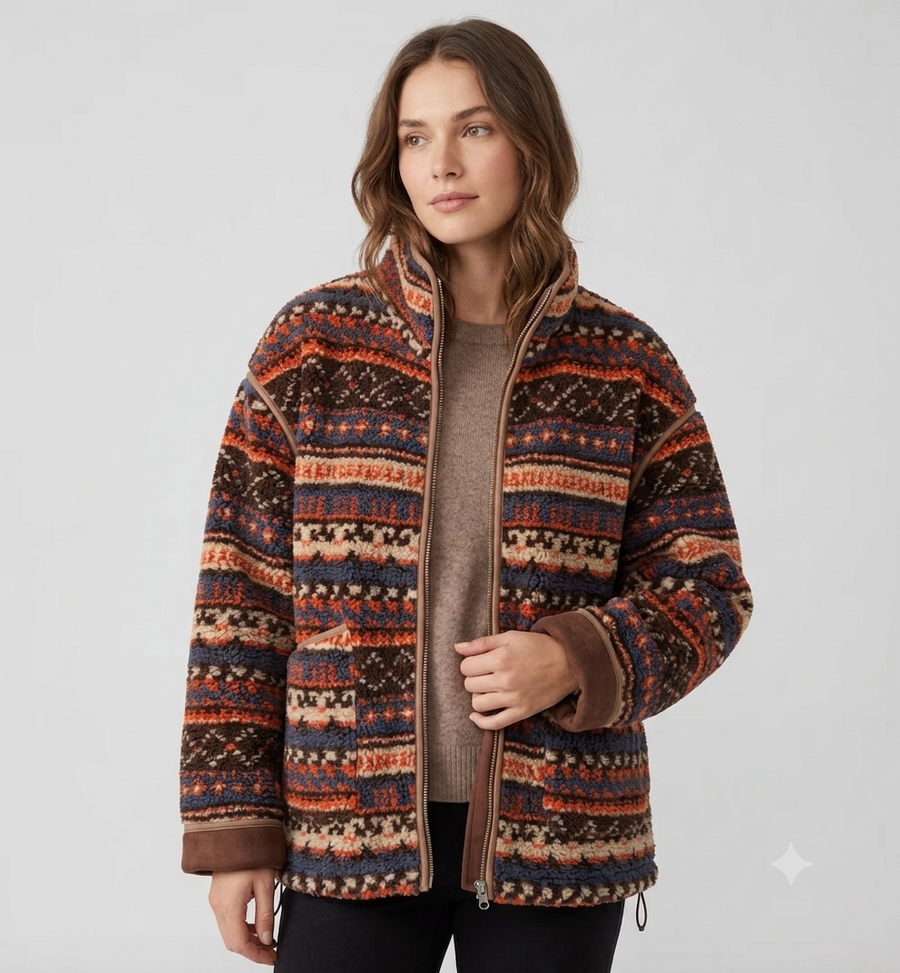 Fleece-Jacke mit Stehkragen und Ethno-Muster in Braun Orange