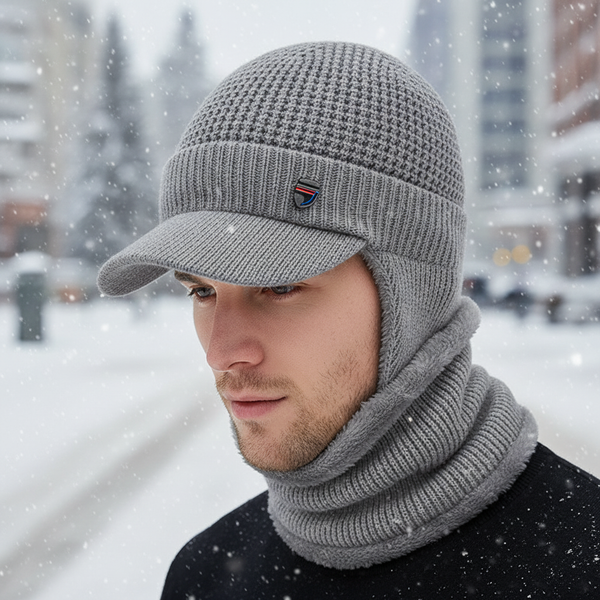 Wintermuts voor heren met klep & nekwarmer, gevoerde gebreide muts