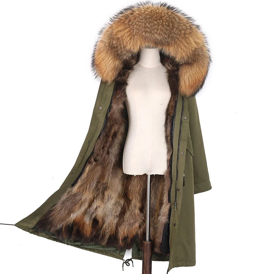 Damen Winterparka lang mit Kapuze und Fellimitat-Futter Weiß