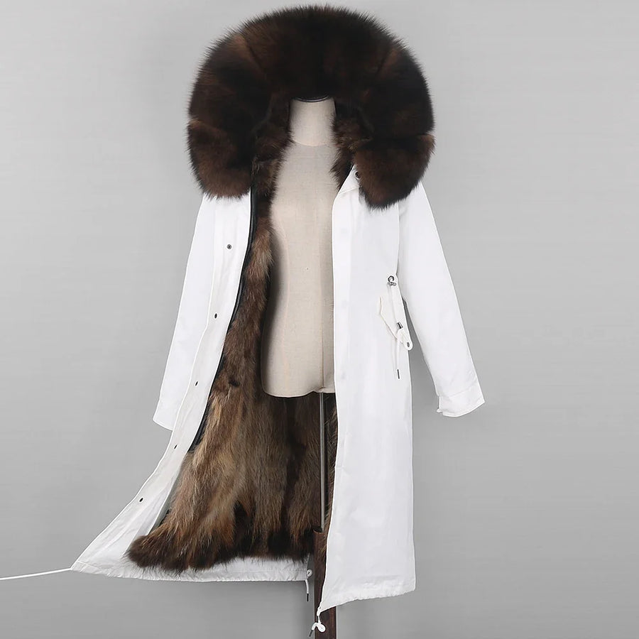 Damen Winterparka lang mit Kapuze und Fellimitat-Futter Weiß