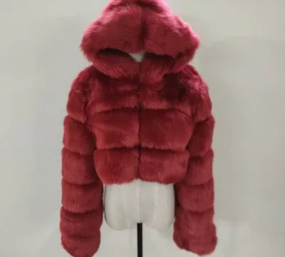 Kurze Damen Kunstfelljacke mit Kapuze, gestreiftes Design