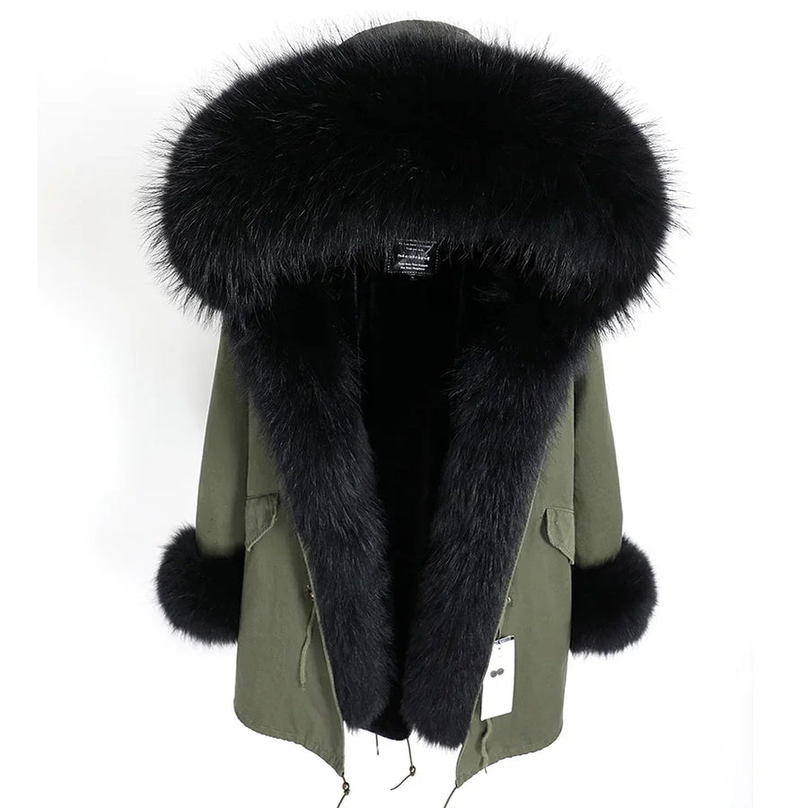Damen Parka Jacke mit Kapuze und Fellimitatbesatz olivgrün