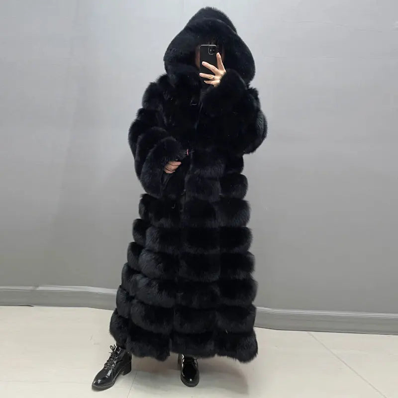 Damen Langer Mantel mit Kapuze aus weichem Material Schwarz