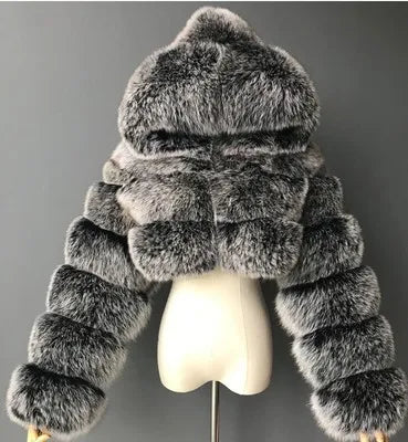 Kurze Damen Kunstfelljacke mit Kapuze, gestreiftes Design