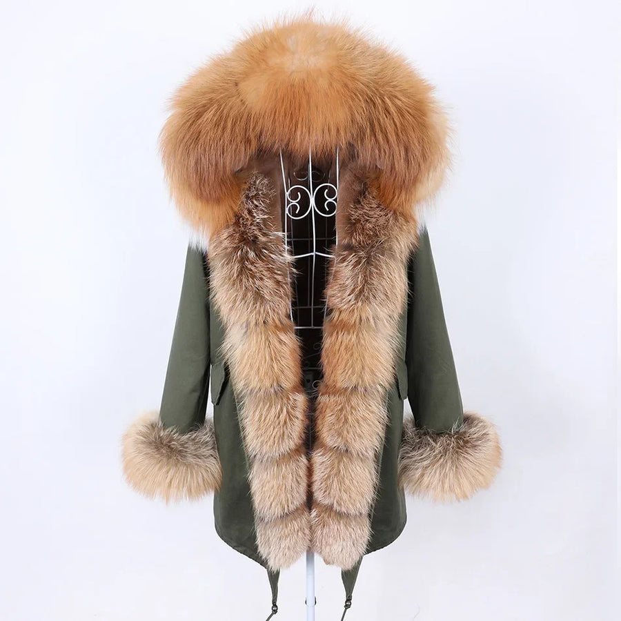 Damen Parka Jacke mit Kapuze und Fellimitatbesatz olivgrün