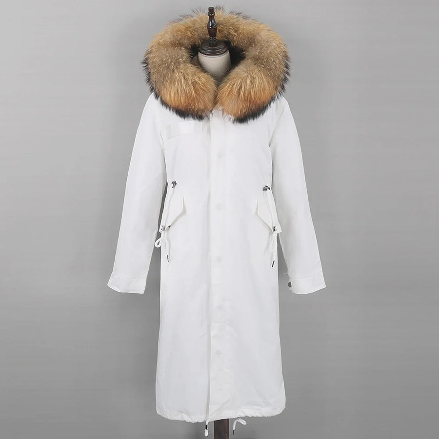 Damen Winterparka lang mit Kapuze und Fellimitat-Futter Weiß