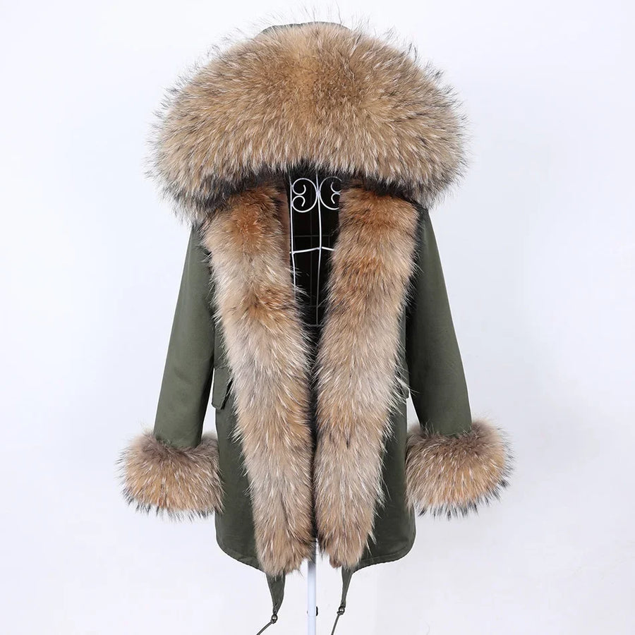Damen Parka Jacke mit Kapuze und Fellimitatbesatz olivgrün