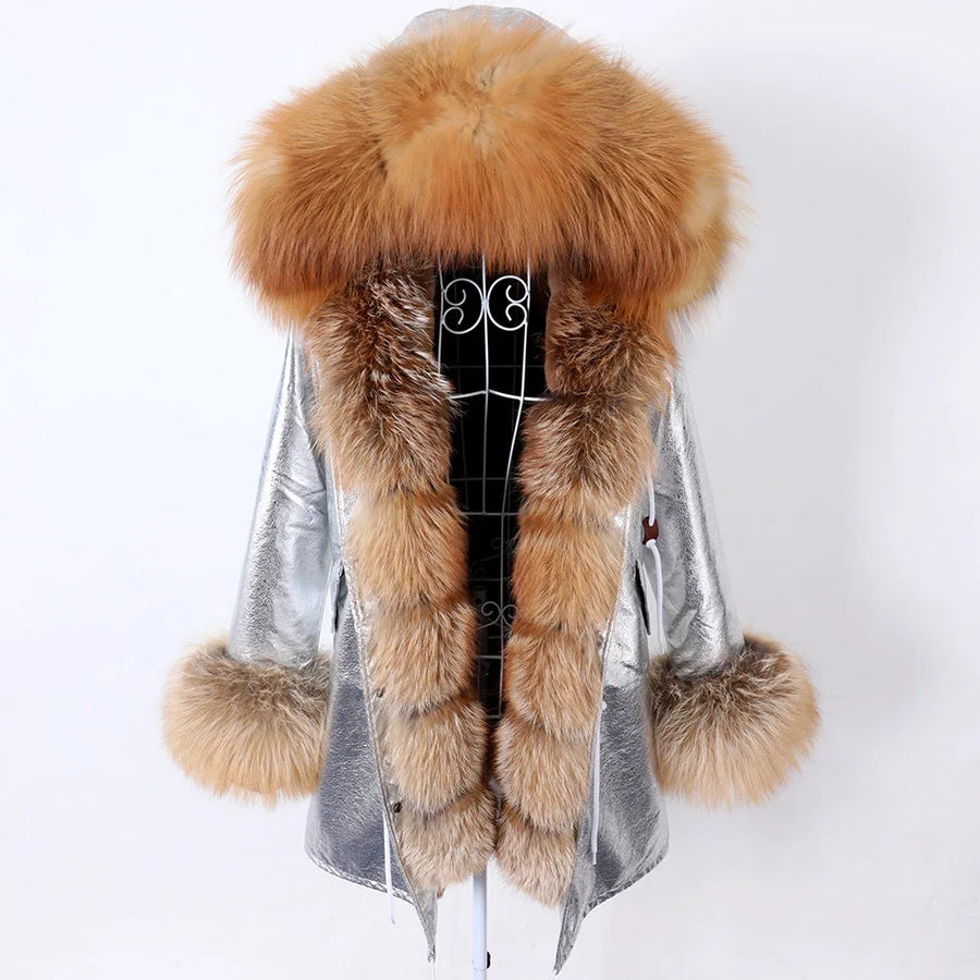 Damen Parka Jacke mit Kapuze und Fellimitatbesatz olivgrün