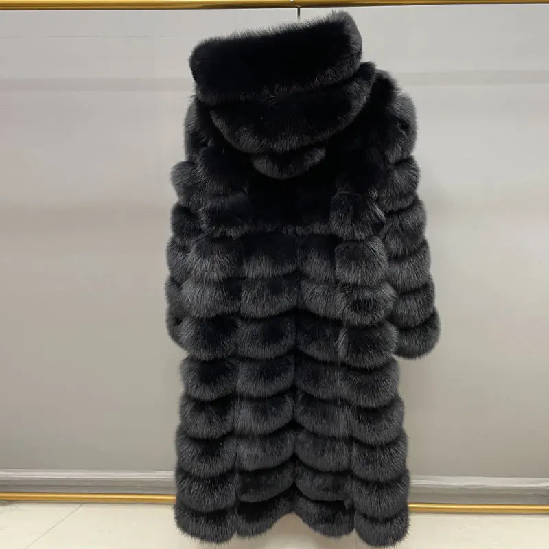 Damen Langer Mantel mit Kapuze aus weichem Material Schwarz