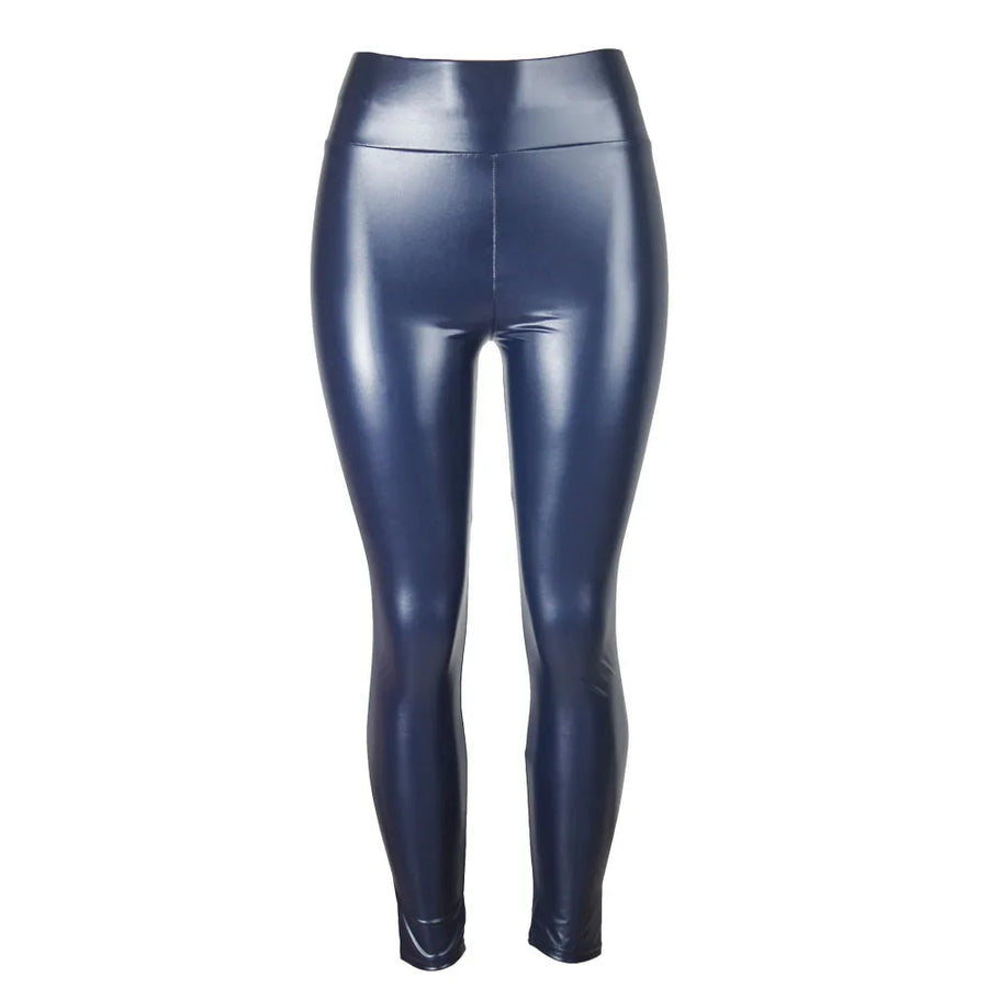Damen Glänzende Leggings Hoher Bund Schwarz