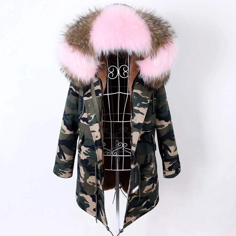 Damen Parka Jacke mit Kapuze und Fellimitatbesatz olivgrün
