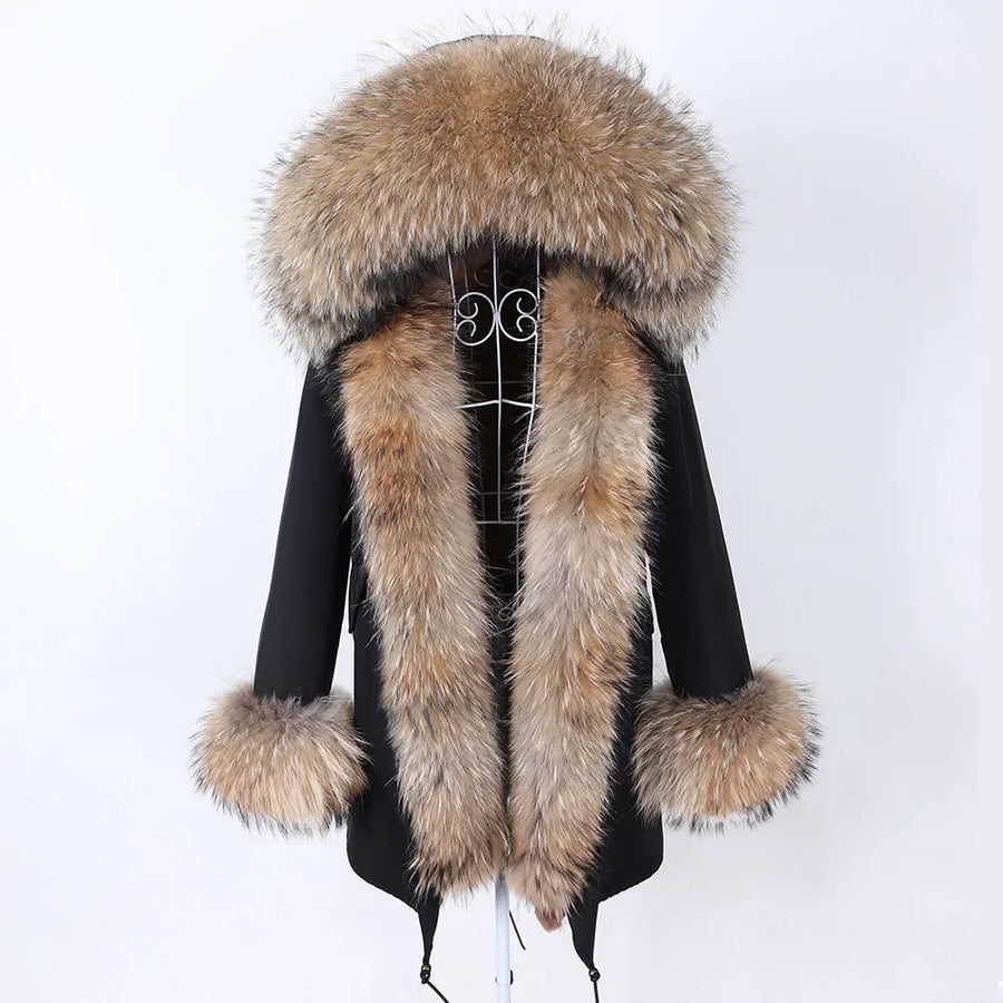 Damen Parka Jacke mit Kapuze und Fellimitatbesatz olivgrün