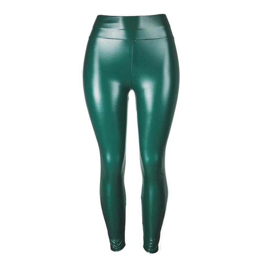 Damen Glänzende Leggings Hoher Bund Schwarz